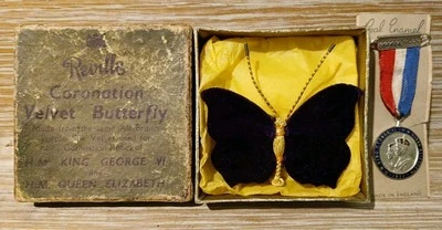 King George VI Coronation Robes PURPLE Velvet Butterfly Brooch in Box & Badge  - Image 1 of 4