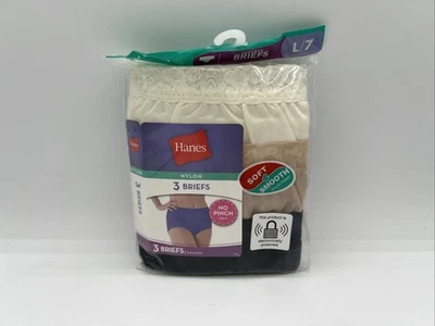 7/Lg New Women's Hanes Nylon Panties Briefs Lace Waist 3 Pack Ivory Beige Black - Image 1 of 2