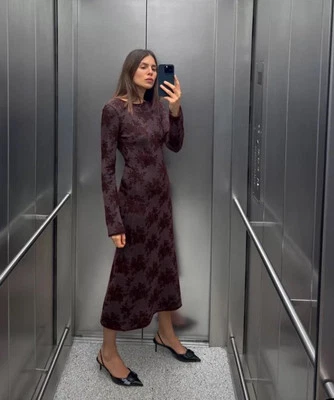 ZARA Midi Dress Knit Womens Small Jacquard Floral Red Stretch New 3859/103 - Image 1 of 4