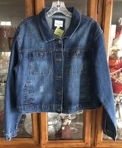 Wax Jean Womens M Basic Denim L/S Pockets Collared Blue Cropped Jacket NWT - Picture 1 of 17