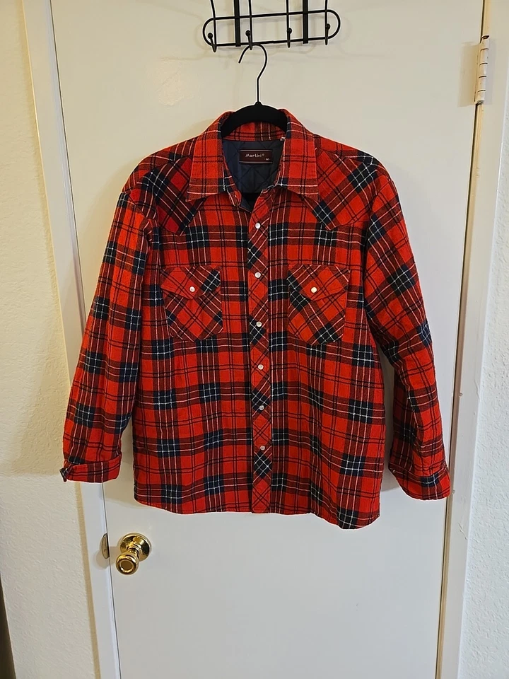 Martini Mens Red Plaid Flannel Quilted Lined Over Coat Jacket Large Pearl Snap - Image 1 of 4