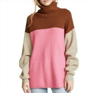 Free People Sweater Small Softly Structured Brown Pink Colorblock Turtleneck - Picture 1 of 12