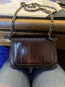 Vintage EEL Skin BROWN Handbag w Shoulder Strap Gold Hardware Korea - Picture 1 of 4