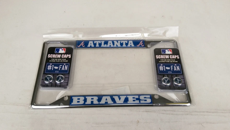 Nuevo 1 marco de matrícula cromado y 4 tapones de rosca de colores MLB Atlanta Braves Foto 1 de 4