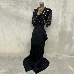 Vintage 1940s Black & White Chiffon & Jersey Rayon Maxi Dress Embroidered Flower - Picture 1 of 14