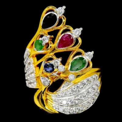 GENUINE RUBY EMERALD SAPPHIRE CZ BRASS YELLOW GOLD PLATED RING SIZE 7.25-8.25 - Image 1 of 4