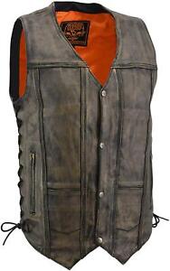 MENS MOTORCYCLE DISTRESSED BROWN LEATHER VEST W/ INSIDE GUN POCKETS- SA41