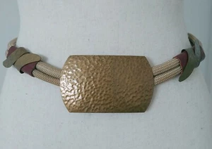 Vtg 80s Womens Rope Belt 3" Hammered Metal Buckle Tan Boho Retro 29" long Small - Picture 1 of 11