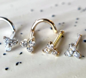14kt Solid Gold Trinity Nose Ring w/ CZ Gems 18g 20g gauge Stud Bone Screw - Picture 1 of 20