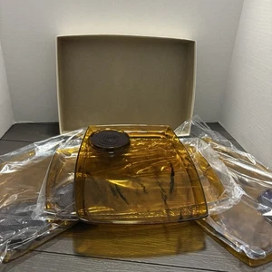 NEW VTG Mid Century Modern Amber Tortoise Lucite Snack Tray/Plate Coaster Set 4 - Picture 1 of 4