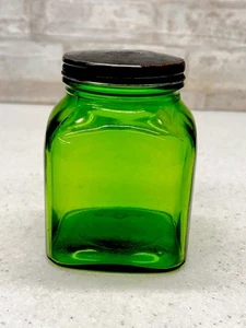 Vintage Square Emerald Green Glass Apothecary Pharmacy Jar / Bottle w/ Lid Owens - Picture 1 of 9