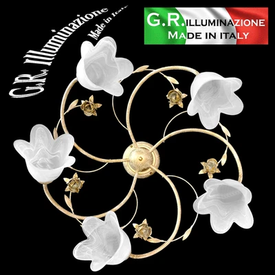 PLAFONIERA IN FERRO BATTUTO 5 L. AVORIO ORO VT. ALABASTRO BIANCO LAMPADARIO Dina - Immagine 1 di 4