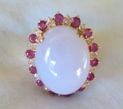 Anel halo de ouro amarelo 14k com diamante rubi jade - 9,92 gms, tamanho 6,75, 9,32 ctw - Imagem 1 de 4