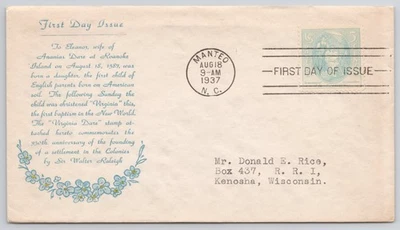 US #796 1937 Registered FDC Virginia Dare Espenshade Manteo NC - Image 1 of 2