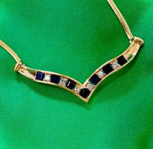 Vintage 14k Yellow Gold Saphire Diamond Necklace - Picture 1 of 7