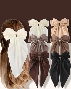 6 PCS Big Satin Hair Bows for Women Oversized Clips Neutral Color - Picture 1 of 5