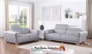 GENUINE Italian Leather Light Blue 2PC Sofa Loveseat Gray Modern Living Room Set - Picture 1 of 7