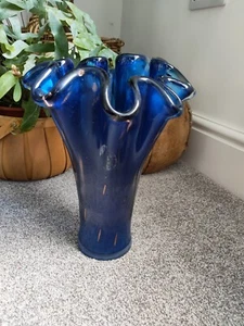 Murano Art Glass Bowl Cobalt Blue Gold Inlay vase vintage 30cm tall fazzoletto - Picture 1 of 6