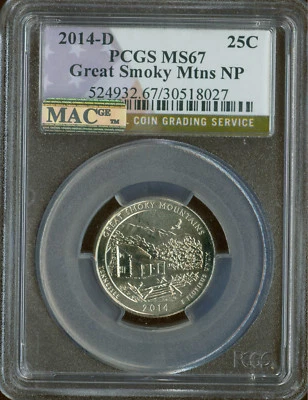 2014 D GREAT SMOKEY MOUNTAINS QUARTER PCGS MS67 2ND MAC FINEST GRADE SPOTLESS . - Image 1 of 2