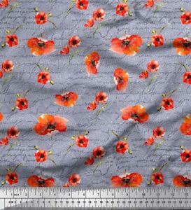 Soimoi Gray Cotton Poplin Fabric Text & Poppy Floral Print Fabric-ci9