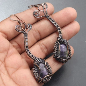 Charoite Gemstone Copper Wire Wrapped Handmade Earrings 3" Jewelry A482 - Picture 1 of 3