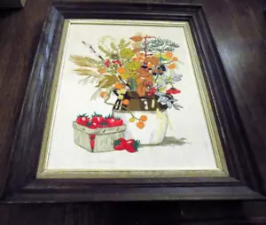 Vtg Dimensions Framed Linda Powell BIG Crewel Needlepoint Flowers crock Berries - Picture 1 of 14