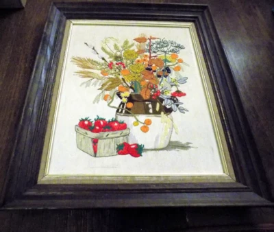 Vtg Dimensions Framed Linda Powell BIG Crewel Needlepoint Flowers crock Berries - Image 1 of 4
