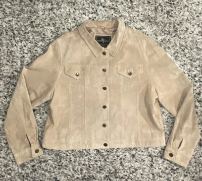 Chaqueta Blazer BRANDON THOMAS Flor Bordada Beige Tostado Gamuza Cuero XL #G14 Foto 1 de 4