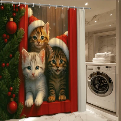 Cute Christmas Kittens Santa Hats Holiday Window Scene Cozy Festive Bathroom  - Image 1 of 4