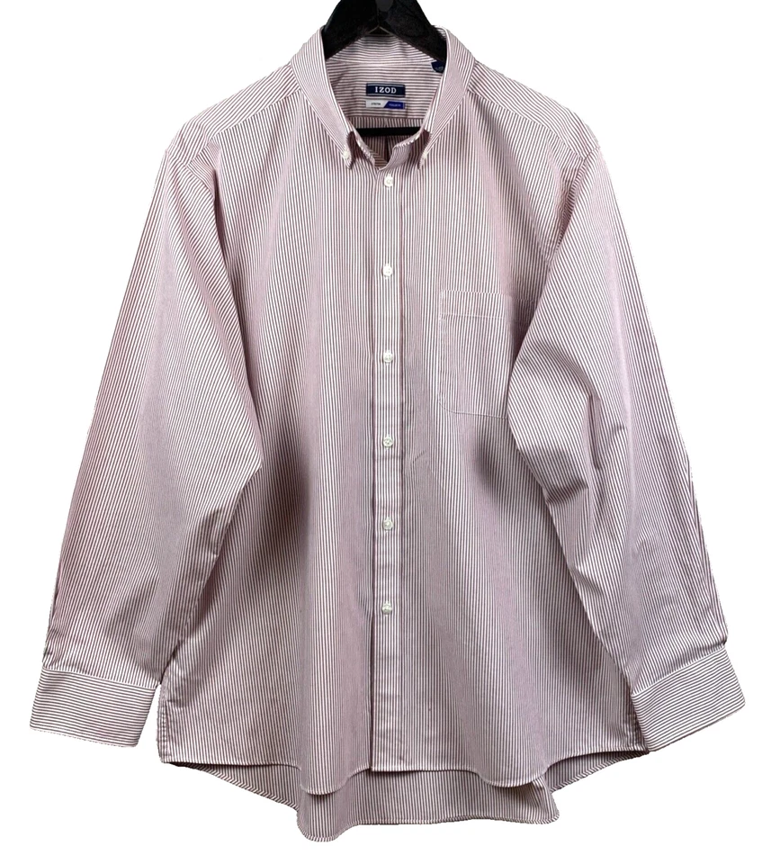 Camisa de vestir IZOD para hombre XL 17-17 1/2 x 34/35 roja blanca a rayas elástica Church Corp Foto 1 de 4