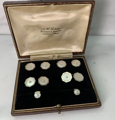 Gemelos de oro de 18 quilates y oro de 9 quilates, juego de vestir, madreperla y perla doble cara Foto 1 de 4