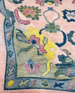 Alfombra floral moderna Oushak anudada a mano 9x12 rosa verde 100 % lana para oficina en casa - Imagen 1 de 5