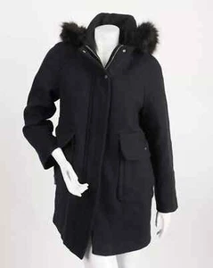 New Zara Women Navy Blue Wool Coat Jacket Faux Fur Hooded Pockets size L P32 - Picture 1 of 18