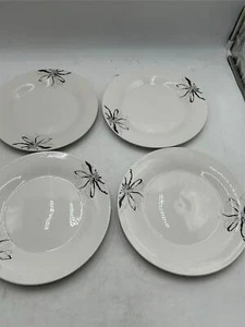 4) GRAYDON HALL DINNER PLATES BLACK ON WHITE FLORAL VGC - Picture 1 of 4