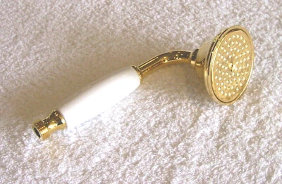 Nostalgie Stil- Handbrause Duschkopf massiv Messing GOLD mit weißem Griffstück - Bild 1 von 2