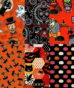 Lote de 6 cuartos de tela de algodón con estampado temático de Halloween - Imagen 1 de 7