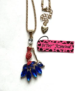BETSEY JOHNSON GOLD TONE METAL BLUE CRYSTAL DRESS GIRL PENDANT NECKLACE - Picture 1 of 1