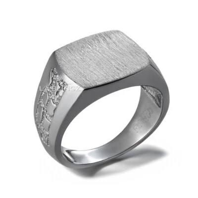 Sterling Silver Brushed Rounded Rectangle Signet Ring with Nugget Band for Men - Image 1 of 4