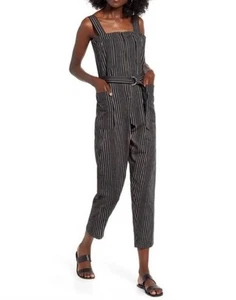 Billabong Jumpsuit Womens Small Black Striped Crop Belted Light The Night Flax - Picture 1 of 16