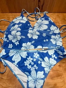 Womens L Blue Hibiscus Bikini Set Triangle Tie Top + Tie Side Bottom Swimsuit - Picture 1 of 5