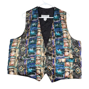 Vintage 80s 90s Suit Vest Men's Large Funky Disc Jockey Wedding Floral Polyester - Picture 1 of 8