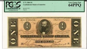 1864 $1 Confederate States of America T-71 PCGS Very Choice New 64 PPQ - Picture 1 of 3