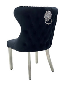 2 x Black Royal Lion Knocker Quilted Front Tufted Back  Velvet Dining Chair