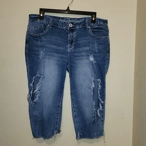 Ariya Women's Size 16 Blue Capri Fraying Cuff Distressed Cotton Blend Thrashed - Picture 1 of 15