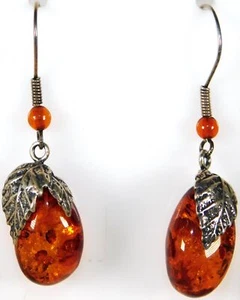 Vintage Mexico Baltic Amber Sterling Silver Grape Leave Drop Dangle Earrings 6gs - Picture 1 of 6