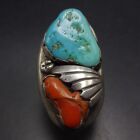 Heavy Signed VINTAGE ZUNI Natural CORAL TURQUOISE Sterling Silver RING size 10