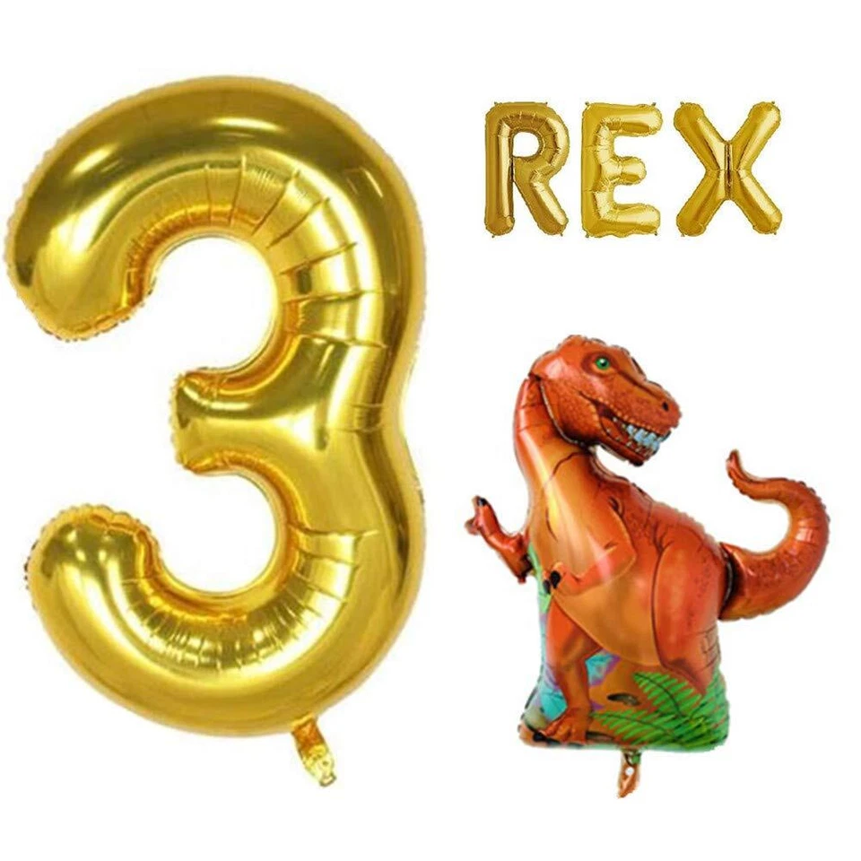3 globos con letras de aluminio Rex con globo de dinosaurio para fiesta de cumpleaños para niños, dorados Foto 1 de 1