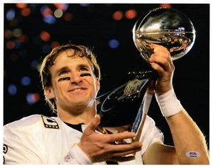 Drew Brees Saints Signed 11x14 Photo (Super Bowl 44 - 'Lombardi Trophy') PSA - Picture 1 of 4