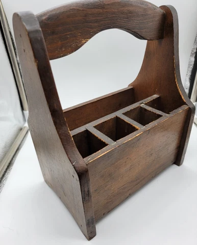 Vtg Wooden Caddy w/ Handle  5 Sections  Dark Brown 11"x 9.5" EVC Cover