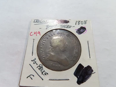 Ficha de banco de 30 peniques de plata C49 Irlanda 1808 puntos de arpa entre O y K Foto 1 de 2
